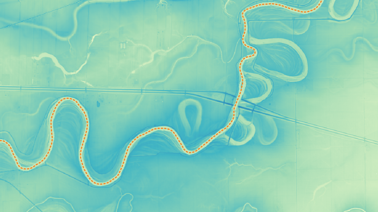 Screenshot of a REM model of the Assiniboine River near Portage La Prairie taken from QGIS